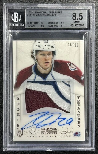 NATHAN MACKINNON BGS 8.5 2013-14 NATIONAL TREASURES #191 ROOKIE PATCH AUTO 36/99