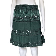 Vintage 90s Y2K Green Tiered Fairy Skirt Sequins M/L Whimsigoth Festival Boho