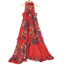 Scanlan Theodore Womens Maxi Dress Size 6 US2 Red Floral Voile Cotton High Neck
