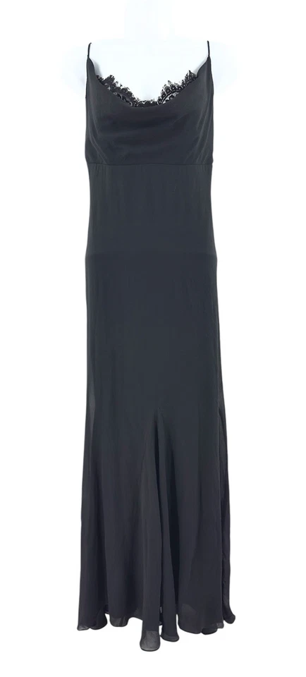 Maxi Vestido Vintage Tadashi Seda Talla 6 Negro Encaje Cortina Cuello Cachicho Y2K Foto 2 de 4