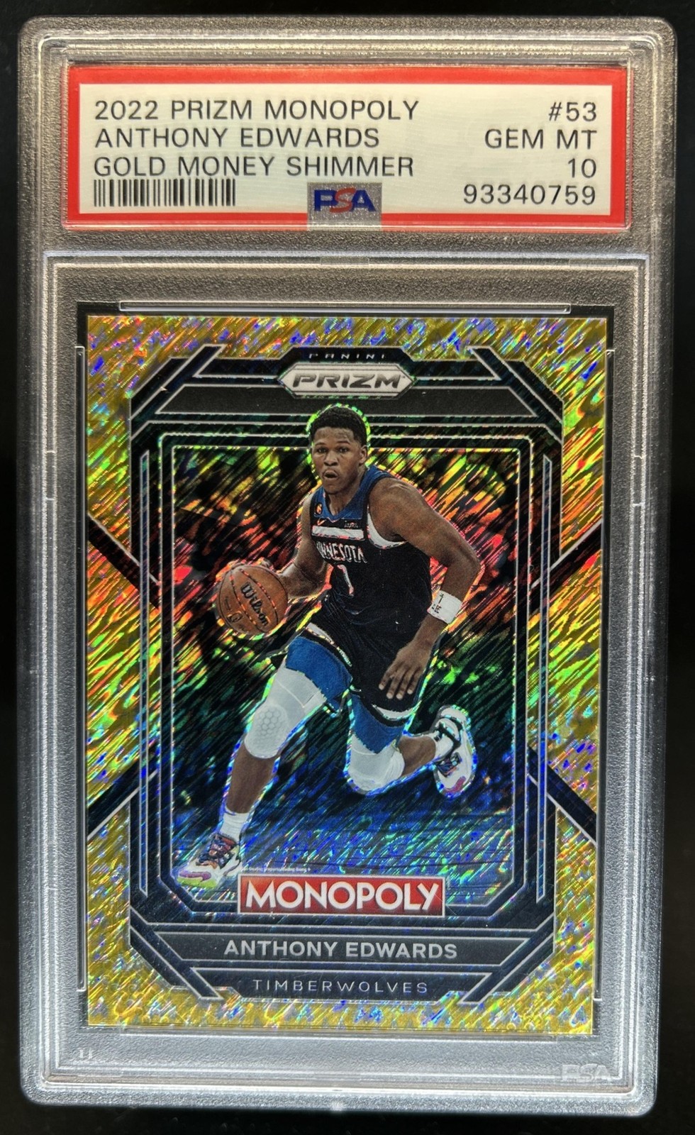 2022-23 Panini Prizm Monopoly Anthony Edwards Gold Money Shimmer #/500 PSA 10
