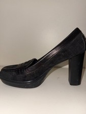 Authentic Tod's Black Suede Penny Loafer Platform Block Heel Pumps