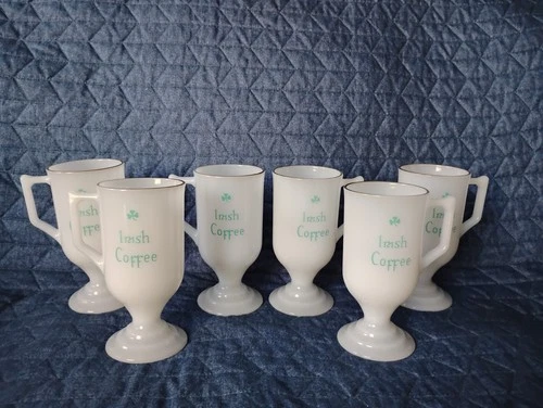St Patrick’s Irish Coffee Mugs Milk Glass Lucky Shamrock Gold Rim Set of 6 VTG