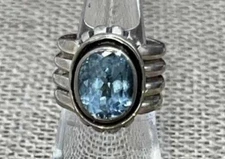 Retired Silpada Sterling Faceted Blue Topaz Ring Ribbed Wide Band Sz 6.5 