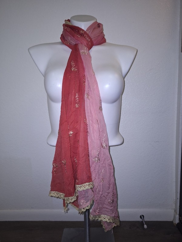 Floral Chiffon Gold Sequin Indian Wedding Sari Wrap Pashmina 84" x 34" Red Pink