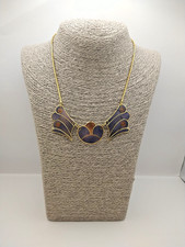 Vintage Cloisonne Necklace Blue Pink Peacock Gold Plated Enamel Valentine Gift