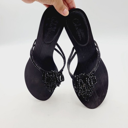 Cole Haan Sandals Size 7B Womens Black Beaded Slides Thong Kitten Heels - Picture 5 of 13