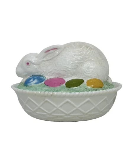 Vintage Milk Glass Easter Bunny Rabbit Covered Painted Candy Trinket Dish & Lid