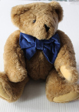 Vermont Teddy Bear Authentic Blue Velvet Bow Tie Jointed 16" Preowned