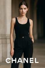 CHANEL Vintage Boutique High Waist Wool Trousers Black gold CC US 10 France