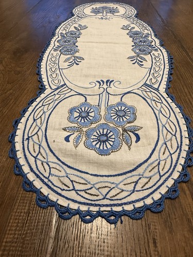 Antique Linen Table Runner Blue Embroidery Crochet Lace 36x12.5 