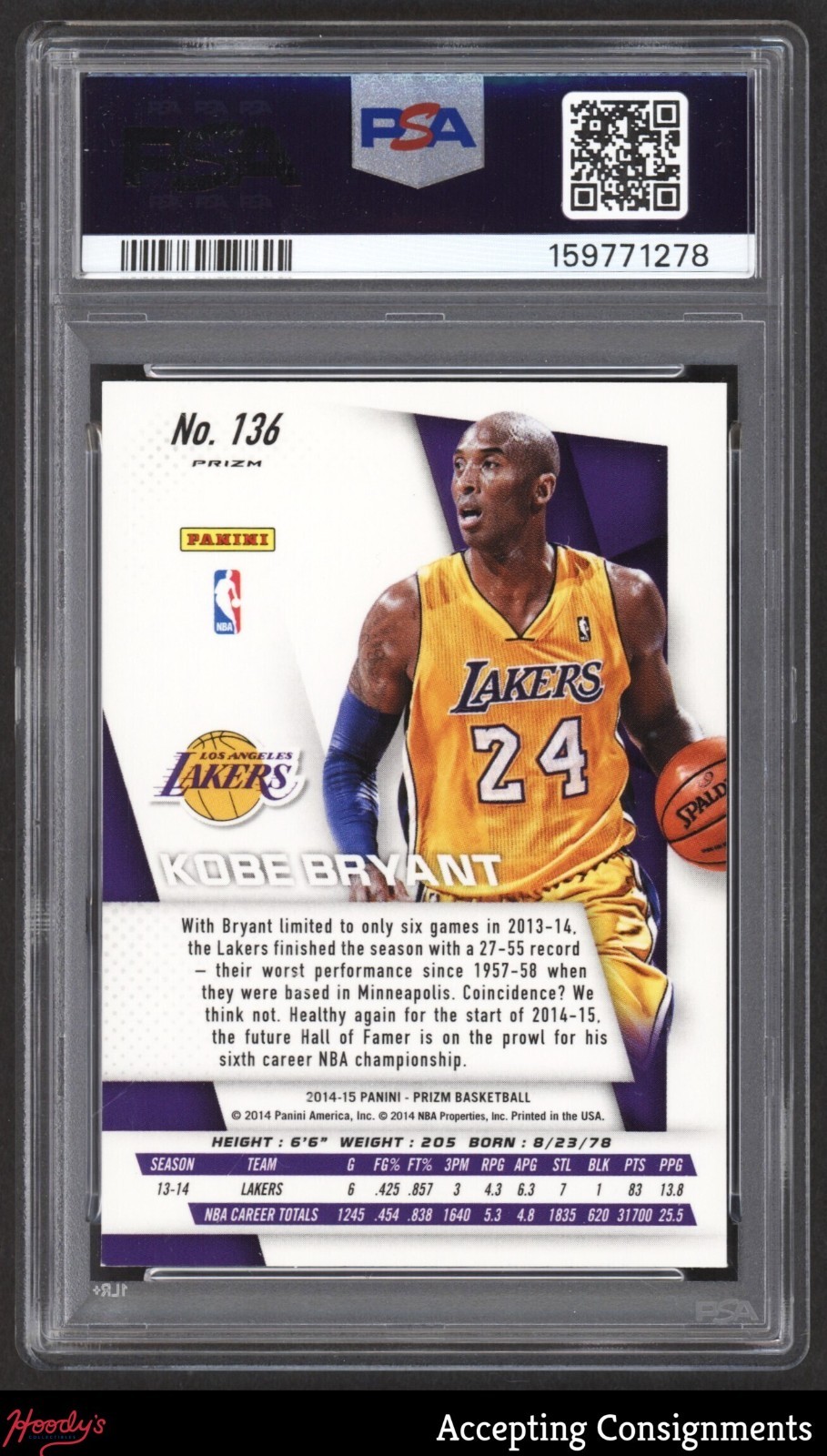 2014-15 Panini Prizm Prizms Green #136 Kobe Bryant LAKERS HOF PSA 9 view 2