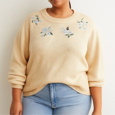HM Yellow Sweater Blue Floral Design Knit Pullover Cottagecore Soft Aesthetic XL