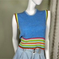1970s Handmade Vintage Knit Vest   Rainbow Stripe   Blue Ribbed   S-M