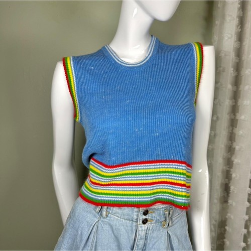 1970s Handmade Vintage Knit Vest • Rainbow Stripe • Blue Ribbed • S-M