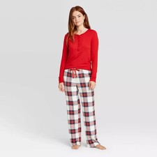 Women's Henley Pajama Set - Stars Above Red/White Plaid Large