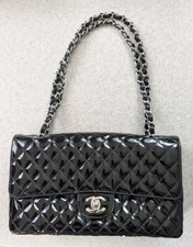 Chanel Patent Leather Single Classic Flap Medium Shoulder Bag Silver Hardware