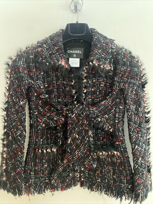 ON SALE $2,000 Chanel Red Black Tweed Jacket w/Sash Tie