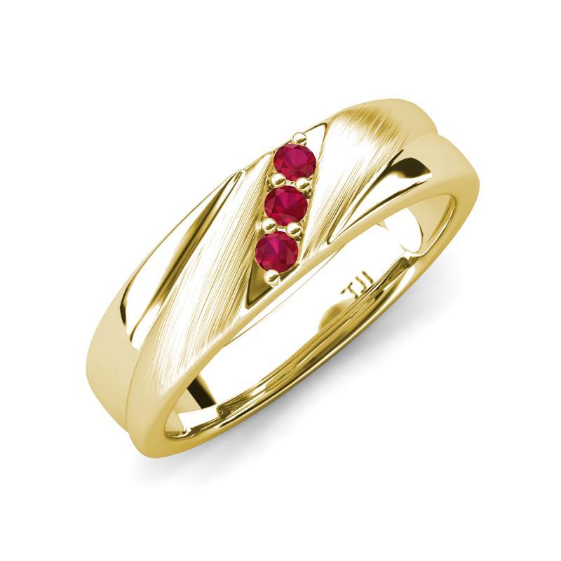Round Ruby Angled Brushed Men 3 Stone Wedding Band 14K Gold Round Ruby Angled Brushed Men 3 Stone Wedding Band 14K Gold