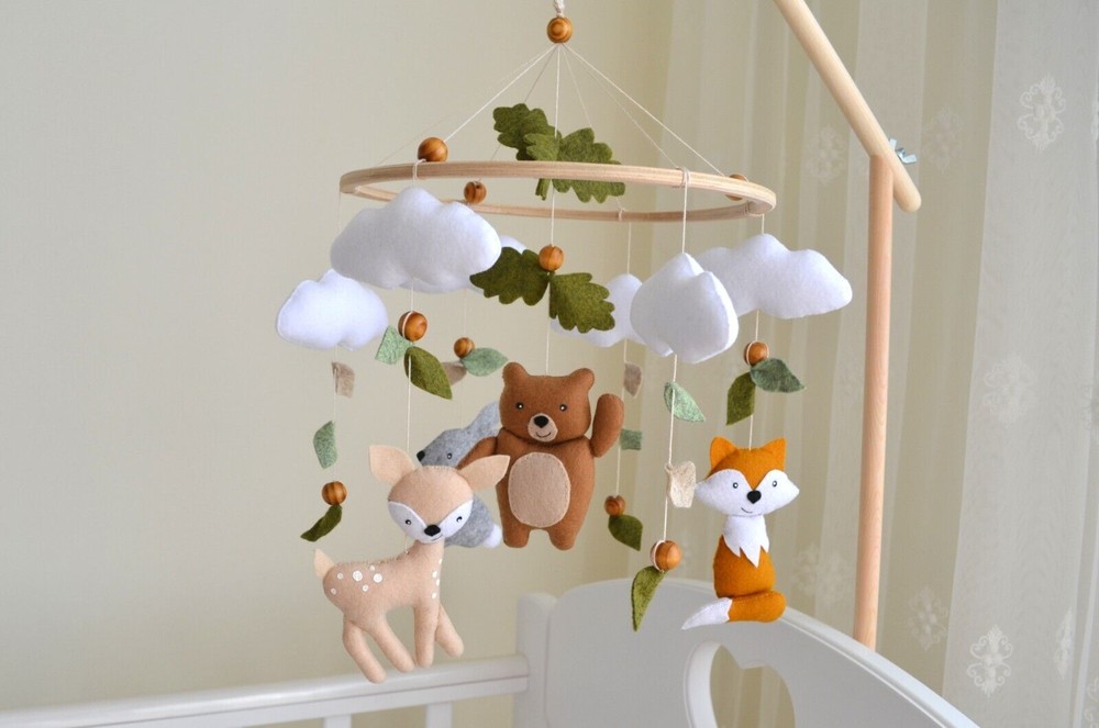 Enchanting Forest Baby Mobile with Bear and Fox Design for Girls Nursery