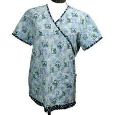 Cherokee Floral Print Short Sleeve Tie Back Scrub Top Faux Wrap Blue Purple L
