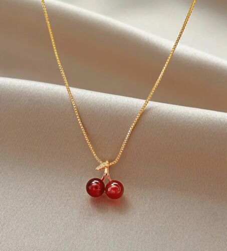 Beautiful Red Cherry Pendant Chain Necklace Womens Girls Jewelry Choker.
