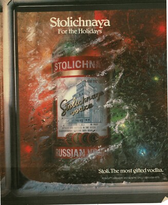 1987 STOLICHNAYA Vodka Stoli For The Holidays frosted window Vintage Print Ad