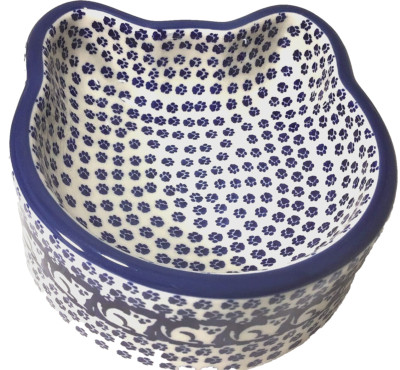 Polish Pottery Kitten Short Leg Cat Food Dish Jack's Cat Blue White Paw Prints