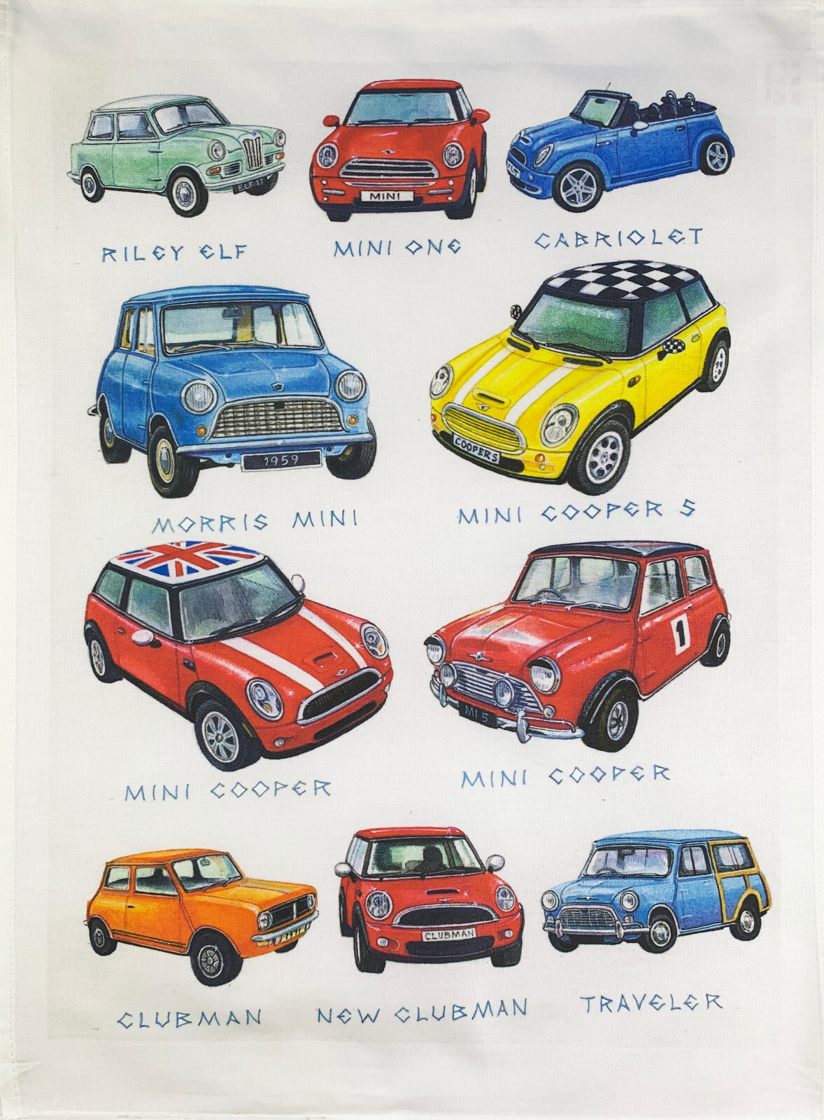 Minis Car Collection Tea Towel, machine washable, cotton, hand drawn