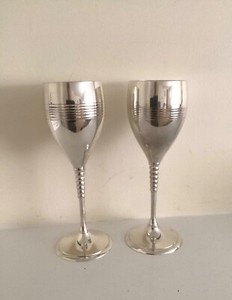 Vintage Pair of Silver Tone Ringed Chalices Wine w/box Made In India - NEW 1998