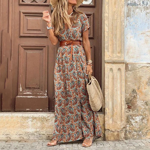 ⭐Mujeres Boho Floral Cuello en V Maxi Vestido Damas Verano Informal Vacaciones Solero Talla - Imagen 10 de 30
