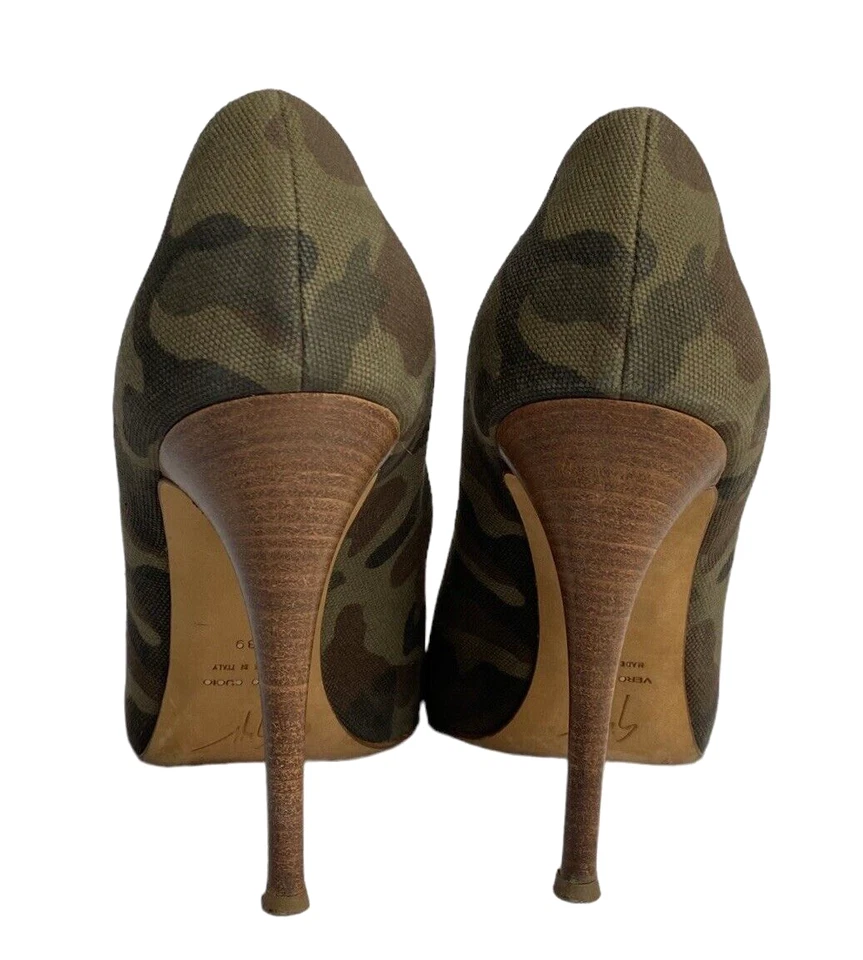 GIUSEPPE ZANOTTI Camuflaje Verde Marrón Tela Peep Toe Tacones de Madera, Talla 39 Foto 4 de 4