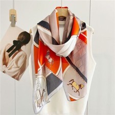 Horses Print Pure Mulberry Silk Crepe Shawl Wrap Oblong Scarf 180 65cm Orange