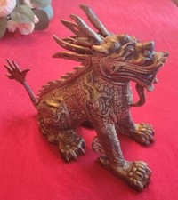 VTG CHINA CHINESE BRONZE GILT BRASS KIRIN KYLIN CHI-LIN DRAGON DOG BEAST STATUE 
