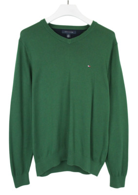 Tommy Hilfiger Jumper Mens M V Neck Pullover Green Logo Tight Knit