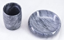 2pc Stoneware Gray Marble Soap Dish Toothbrush Holder Cup Bathroom Accessory Set