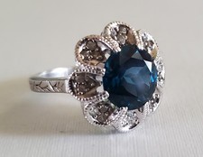 Dark Blue Gemstone Floral Design Sterling Silver 925 Cocktail Ring. Sz 6.75 - 7
