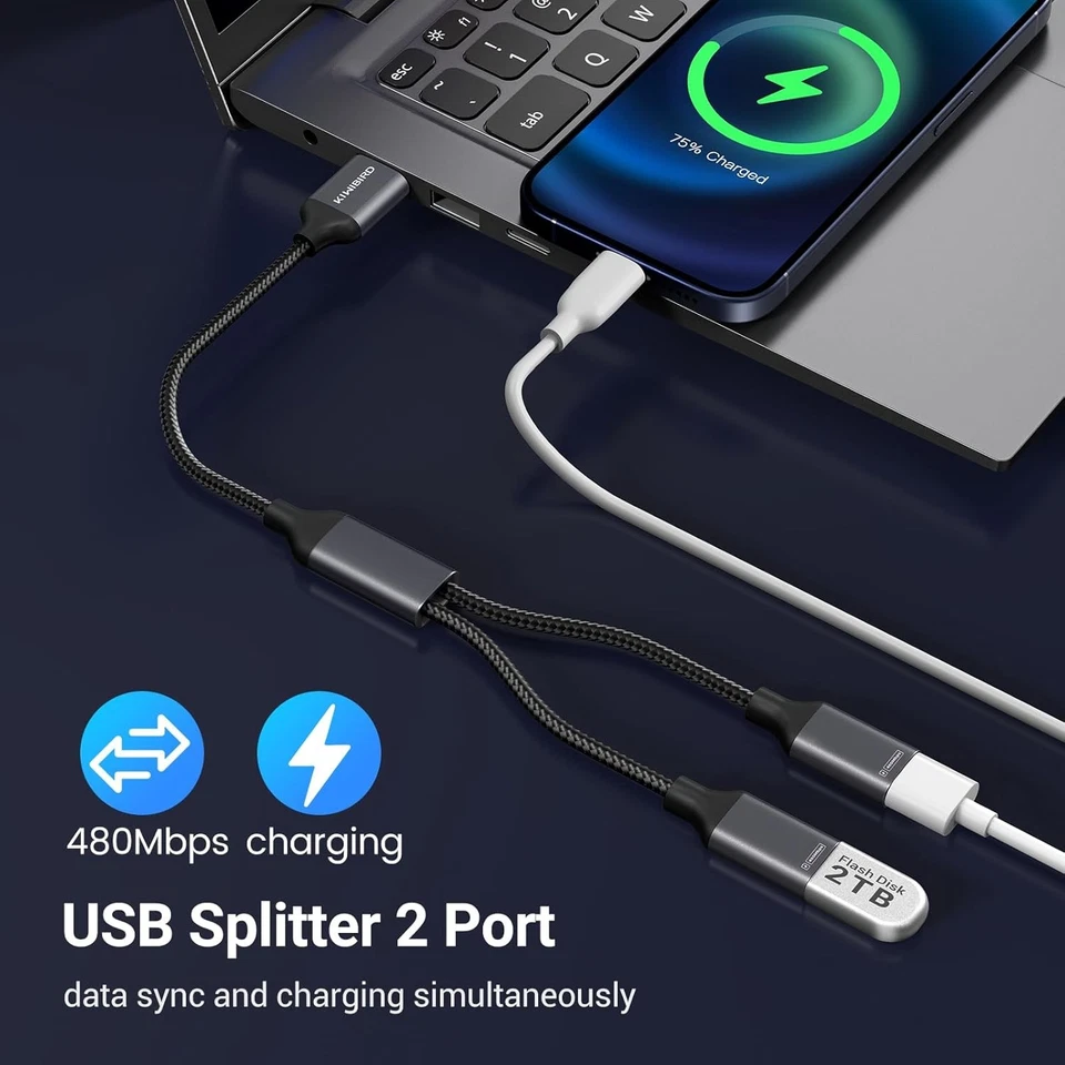 USB Splitter 2 Port, Dual USB 1 Male to 2 Female Adapter for Data Power Charging - Image 3 of 4