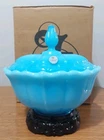 VTG Fenton Glass Sky Blue Ogee Covered Candy Dish With Black Base!  Box/Stickers