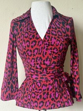 DVF Diane von Furstenberg Vintage JILL TOP 3/4 SLV Silk Spotted Cat Wrap Sz 8