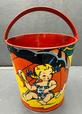 vintage ohio art tin litho sand pail kids and dog at beach scene great color