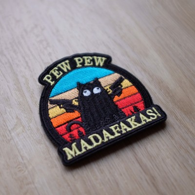 Pew MADAFAKAS!| Patch Klett Aufnäher| Waffen Katze Schwarz Humor| Farbig Moral