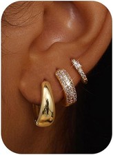 14K Gold Plated small Chunky Hoop Earrings Set Hypoallergenic Huggie 3Pairs