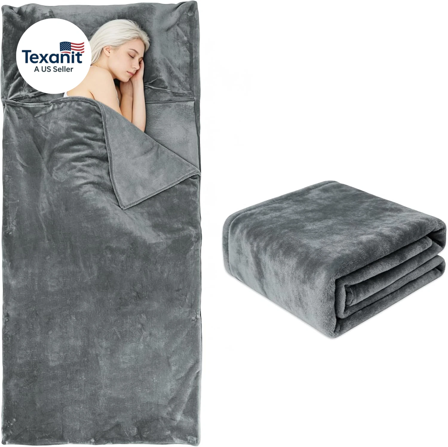 Flannel Sleeping Bag Liner, XXL Fluffy Adult Sleeping Sack with Hidden Zipper, T