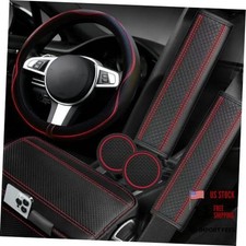 6 PCS Car Microfiber Leather Steering Steering Wheel Cover Set Black with red
