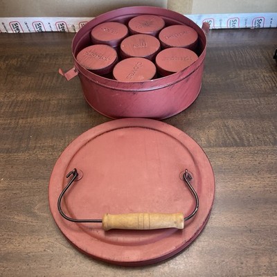 Canister Spice Set(7) Tin/Metal Round Latching Top Camping Trips Painted