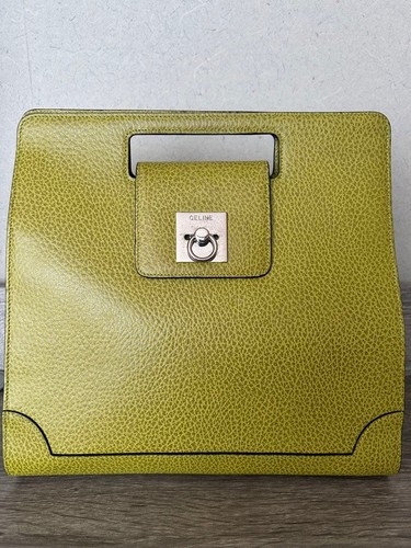 CELINE Vintage Leather Handbag Lime Green Metal Ring Closure Used Authentic