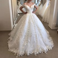 Elegant A-Line Wedding Dresses V-Neck Cap Sleeves Lace Applique Bridal Ball Gown