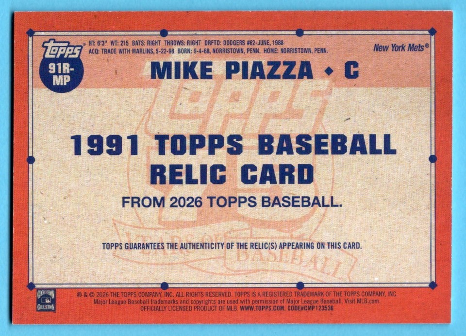 Mike Piazza 2026 Topps 1991 Topps Baseball Relic Blue SP 117/150 New ...