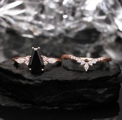 Coffin Black Onyx Engagement Ring Set: Rose Gold Diamond Bridal Ring